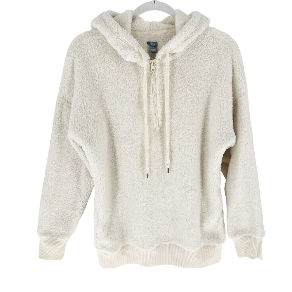 Aerie Sweatshirt Womens Medium Ivory Sherpa Knit Hoodie 1/4 Zip Soft Comfy